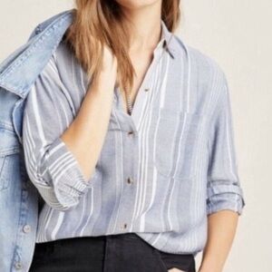 Anthropologie Maeve Blue And White Striped Button Down Collared Top